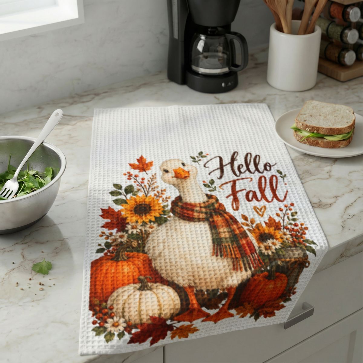 Hello Fall Goose Waffle Weave Kitchen Hand Towel