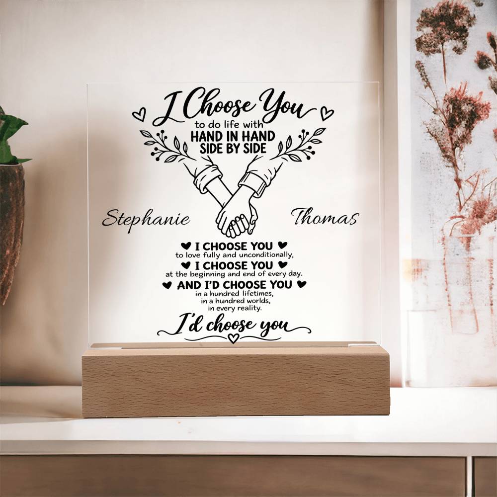 Personalized "I Choose You" Acrylic Plaque – Minimal Botanical Couple LED Gift