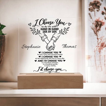 Personalized "I Choose You" Acrylic Plaque – Minimal Botanical Couple LED Gift