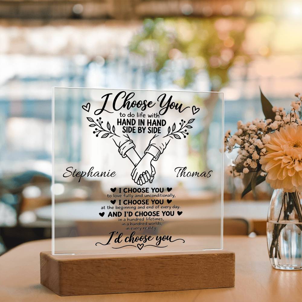 Personalized "I Choose You" Acrylic Plaque – Minimal Botanical Couple LED Gift
