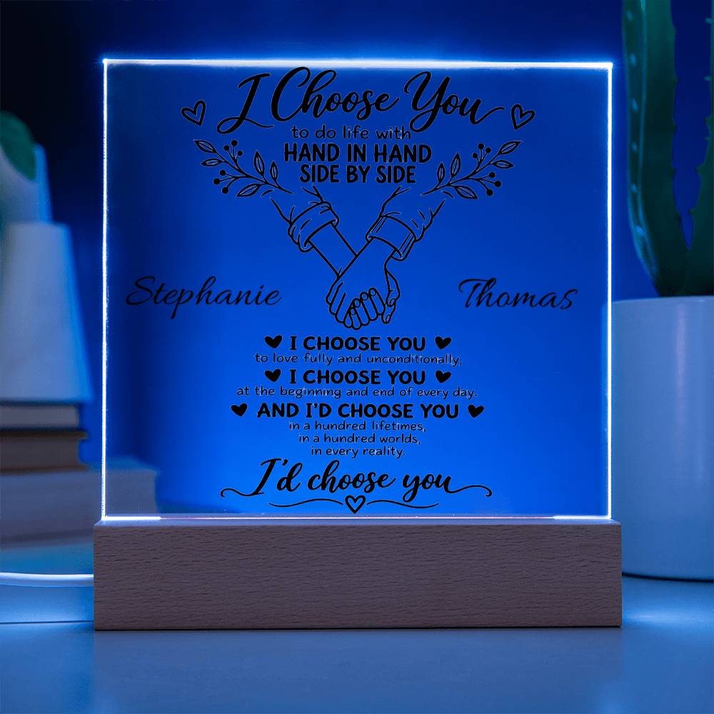 Personalized "I Choose You" Acrylic Plaque – Minimal Botanical Couple LED Gift