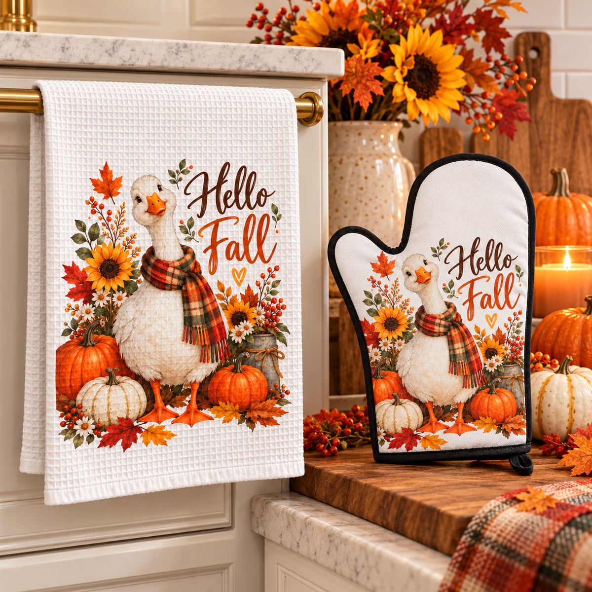 Hello Fall Goose Kitchen Set – Matching Hand Towel & Oven Mitt