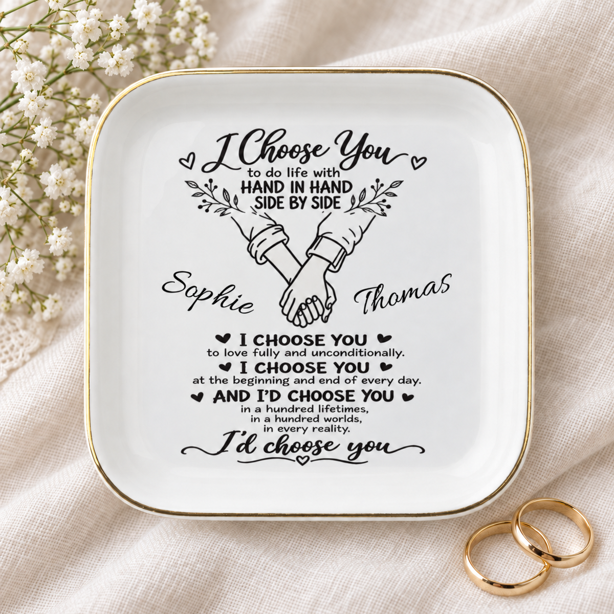 Personalized "I Choose You" Jewelry Dish – Minimal Botanical Couple Gift