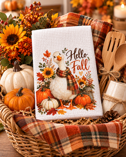 Hello Fall Goose Waffle Weave Kitchen Hand Towel