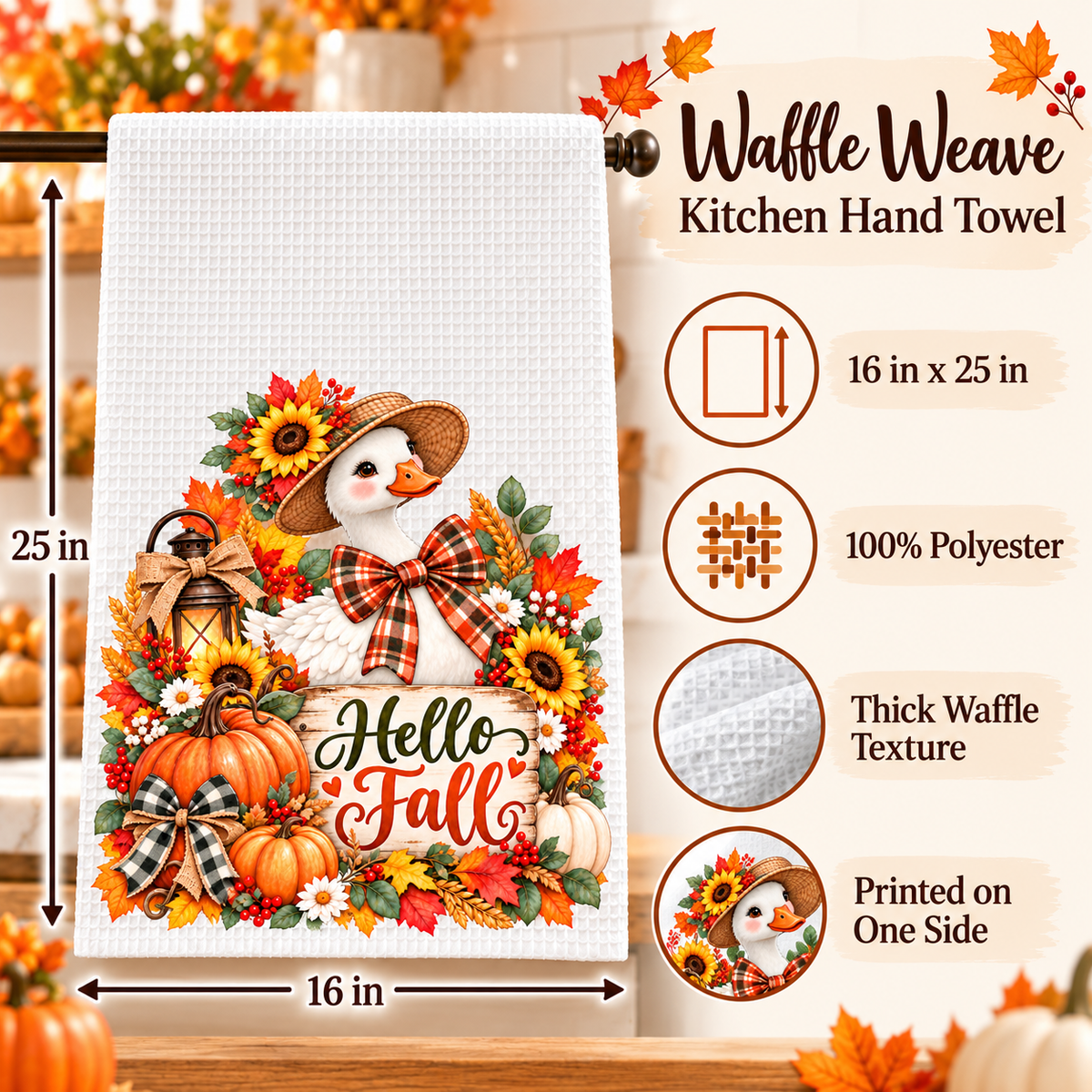 Hello Fall Goose Waffle Weave Kitchen Hand Towel
