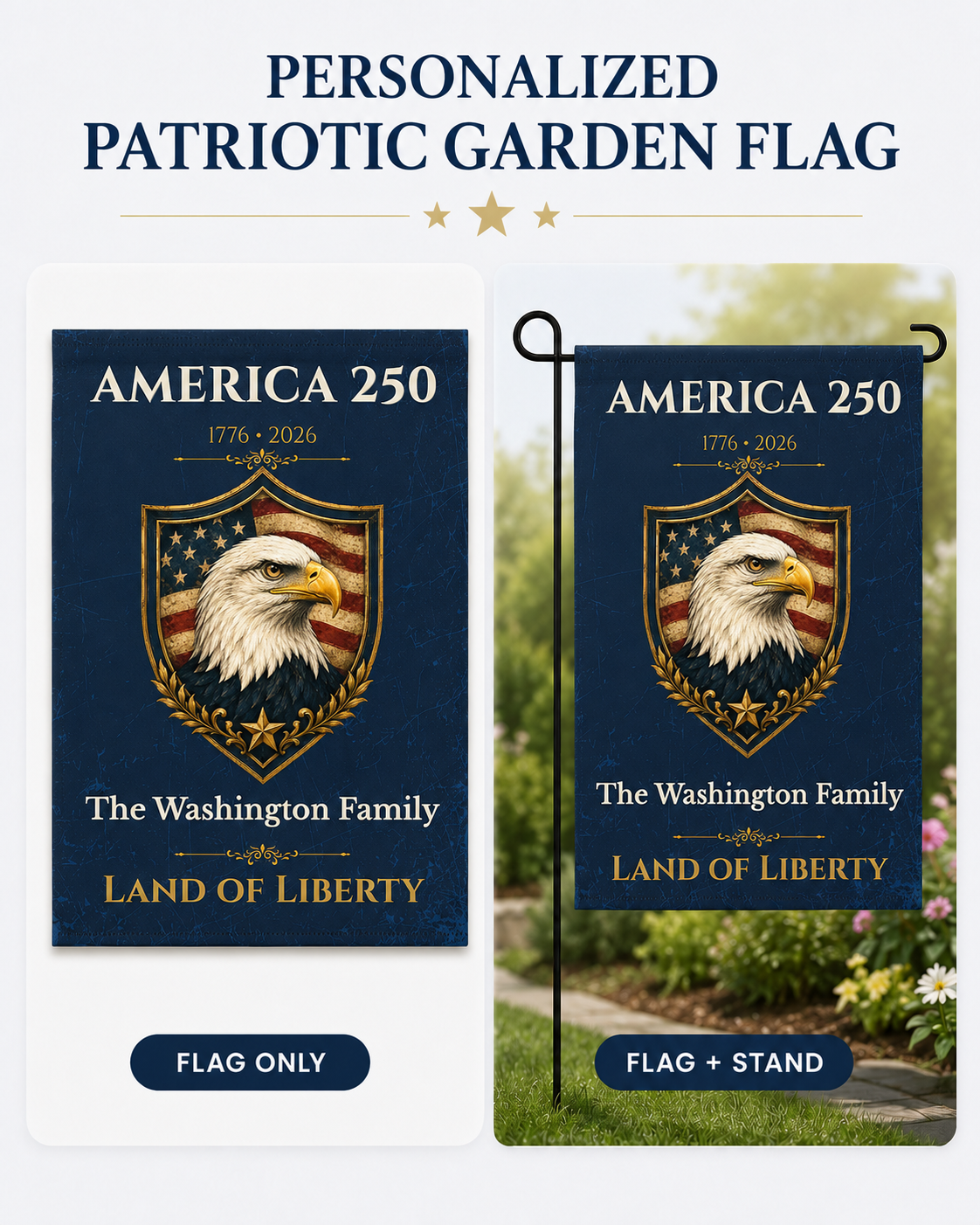 Personalized America 250 Garden Flag – Custom Family Name