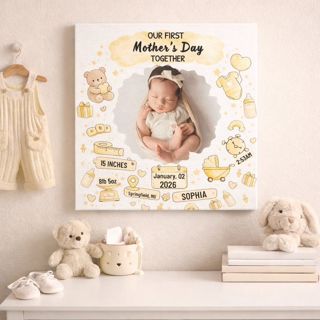 First Mother’s Day Keepsake Canvas – Personalized Baby Birth Stats Gift for New Mom
