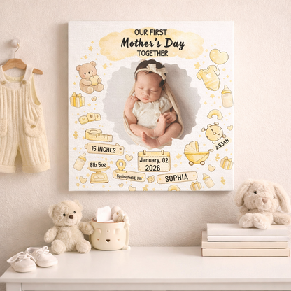 First Mother’s Day Keepsake Canvas – Personalized Baby Birth Stats Gift for New Mom
