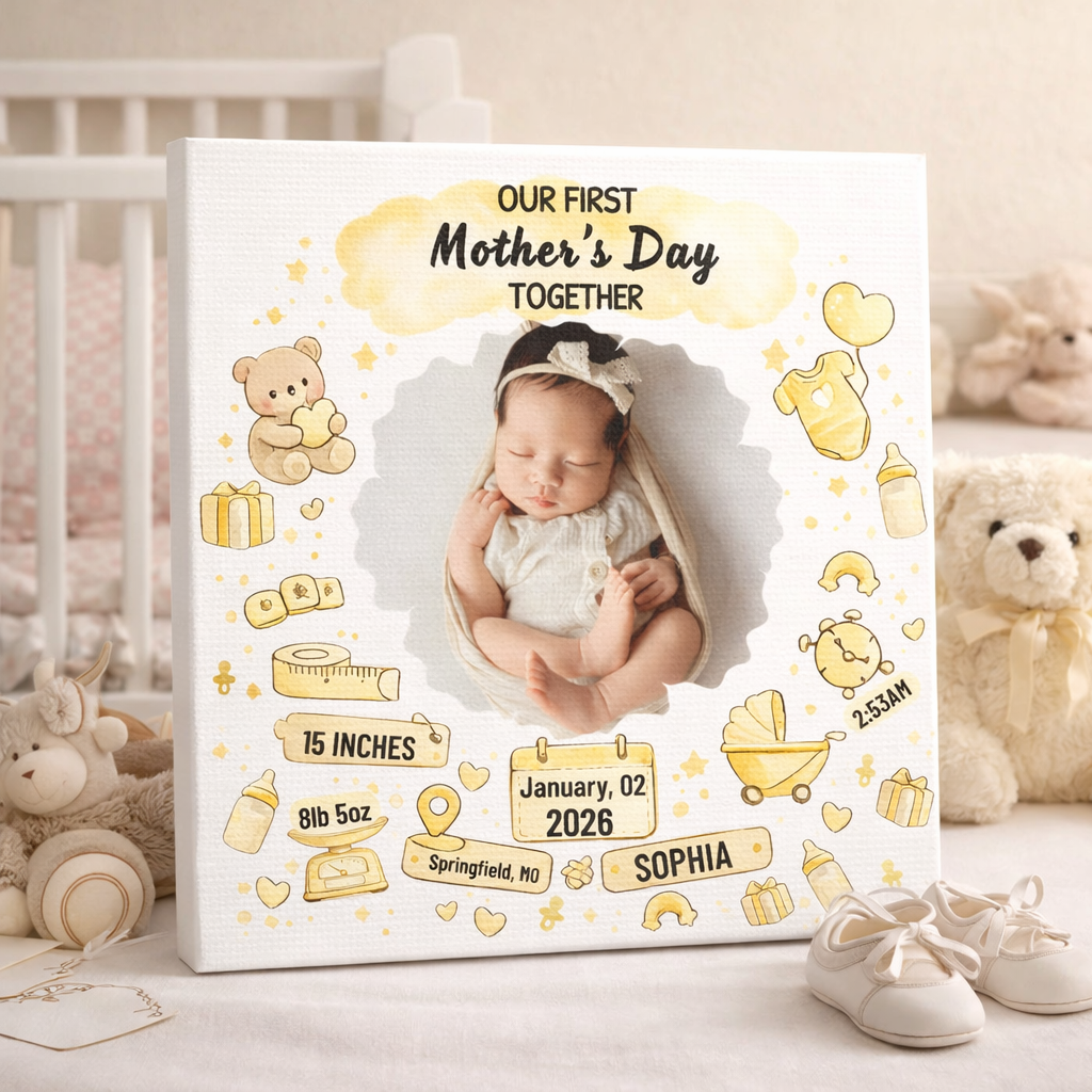 First Mother’s Day Keepsake Canvas – Personalized Baby Birth Stats Gift for New Mom