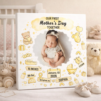 First Mother’s Day Keepsake Canvas – Personalized Baby Birth Stats Gift for New Mom