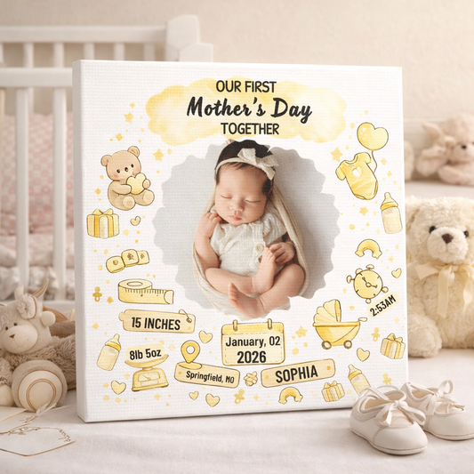 First Mother’s Day Keepsake Canvas – Personalized Baby Birth Stats Gift for New Mom