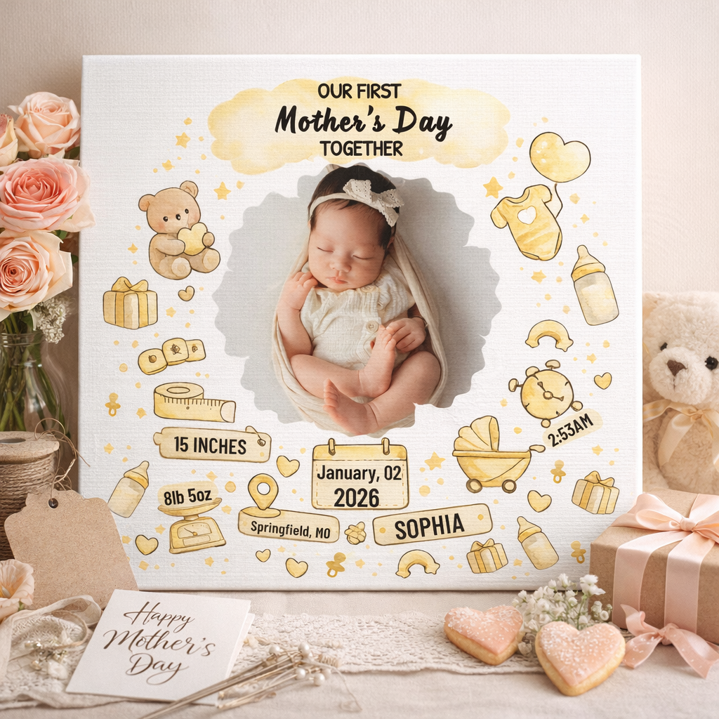 First Mother’s Day Keepsake Canvas – Personalized Baby Birth Stats Gift for New Mom