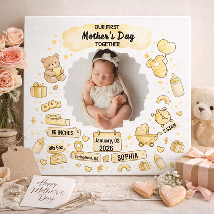 First Mother’s Day Keepsake Canvas – Personalized Baby Birth Stats Gift for New Mom