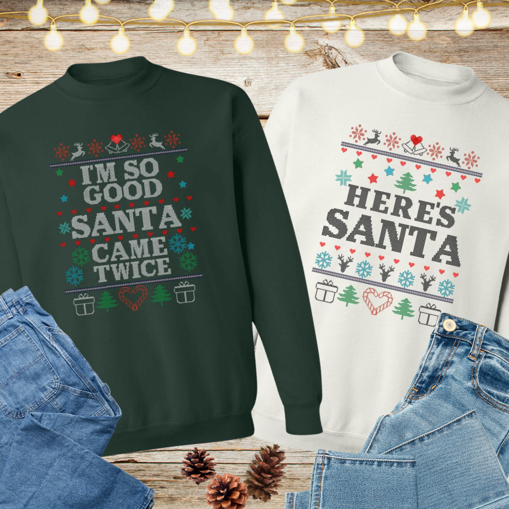 Matching Couples Ugly Christmas Sweater | I'm So Good/Here's Santa