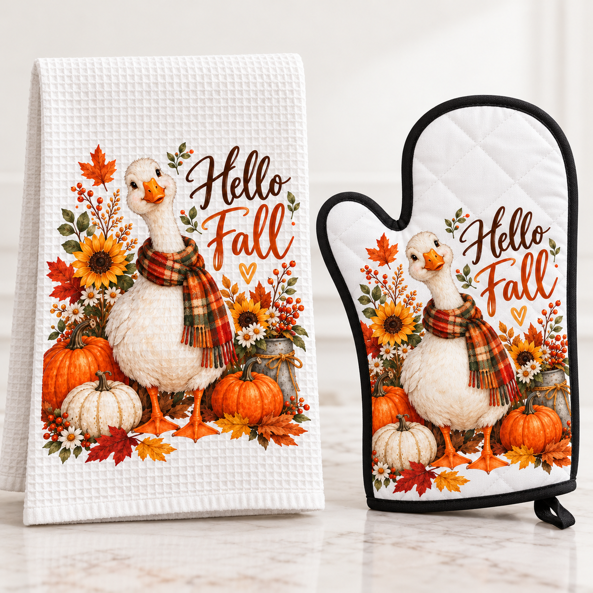 Hello Fall Goose Kitchen Set – Matching Hand Towel & Oven Mitt