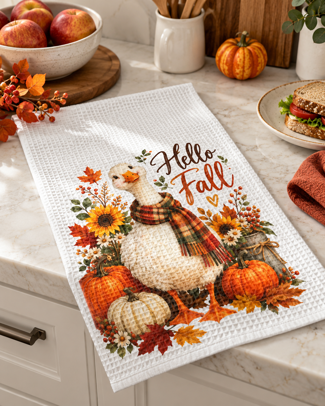 Hello Fall Goose Waffle Weave Kitchen Hand Towel