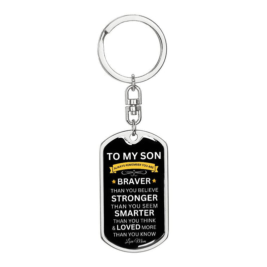 TO MY SON | REMEMBER WHO YOU ARE DOG TAG KEYCHAIN