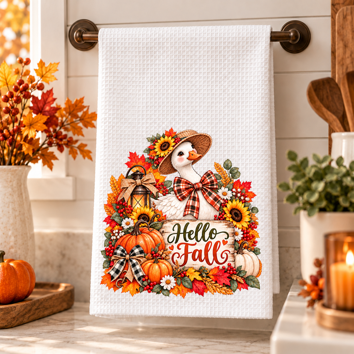 Hello Fall Goose Waffle Weave Kitchen Hand Towel