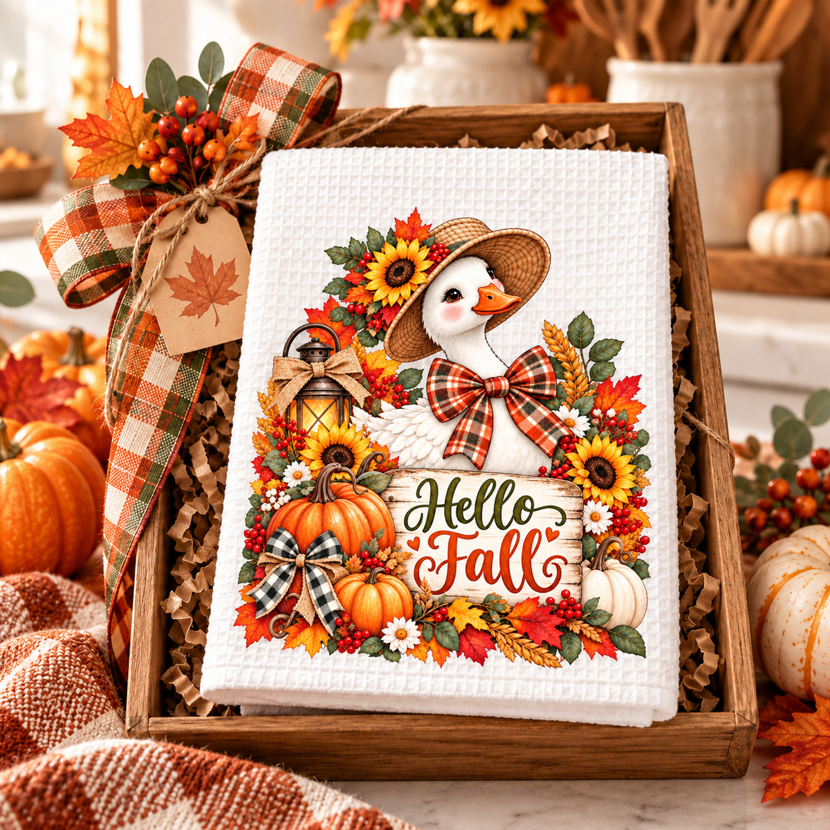Hello Fall Goose Waffle Weave Kitchen Hand Towel