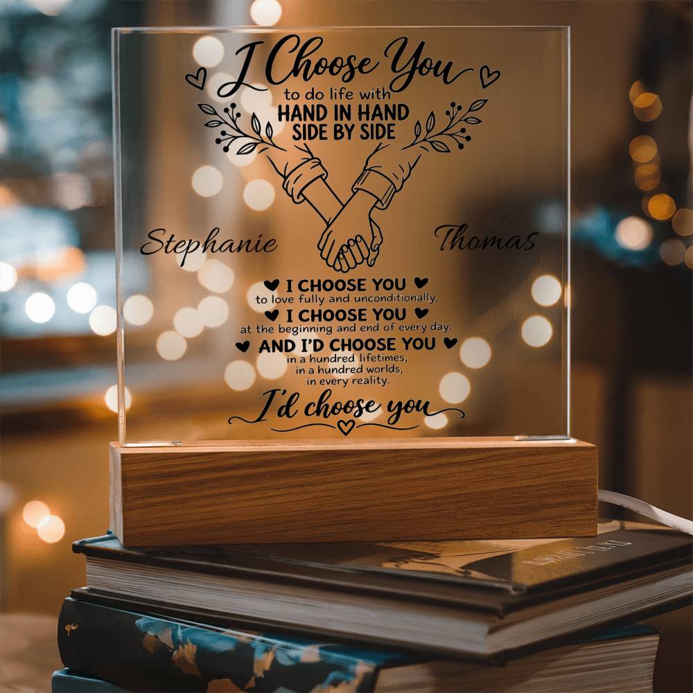 Personalized "I Choose You" Acrylic Plaque – Minimal Botanical Couple LED Gift