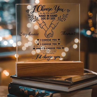 Personalized "I Choose You" Acrylic Plaque – Minimal Botanical Couple LED Gift