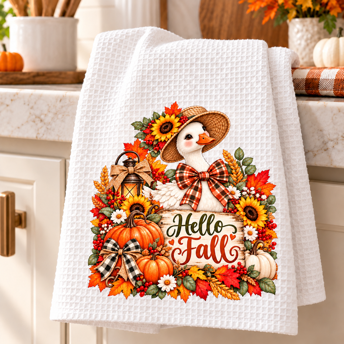 Hello Fall Goose Waffle Weave Kitchen Hand Towel