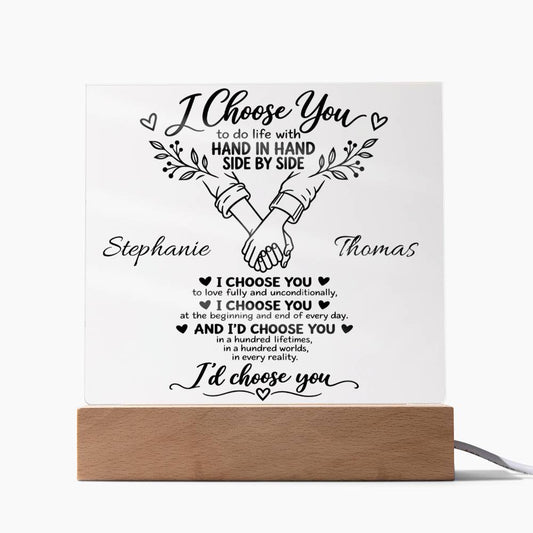 Personalized I Choose You Acrylic Plaque – Minimal Botanical Couple LED Gift