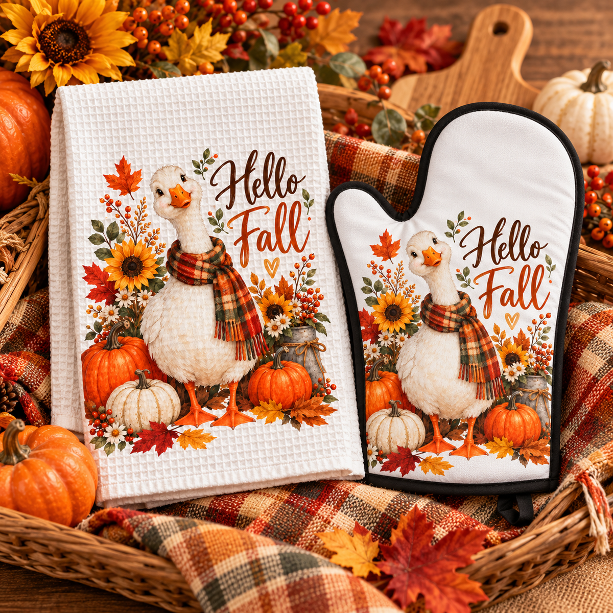 Hello Fall Goose Kitchen Set – Matching Hand Towel & Oven Mitt