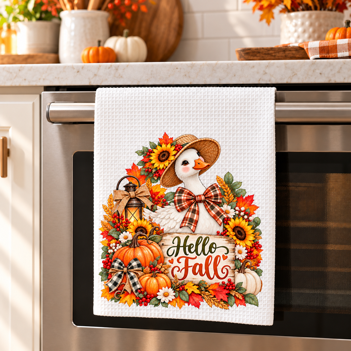Hello Fall Goose Waffle Weave Kitchen Hand Towel