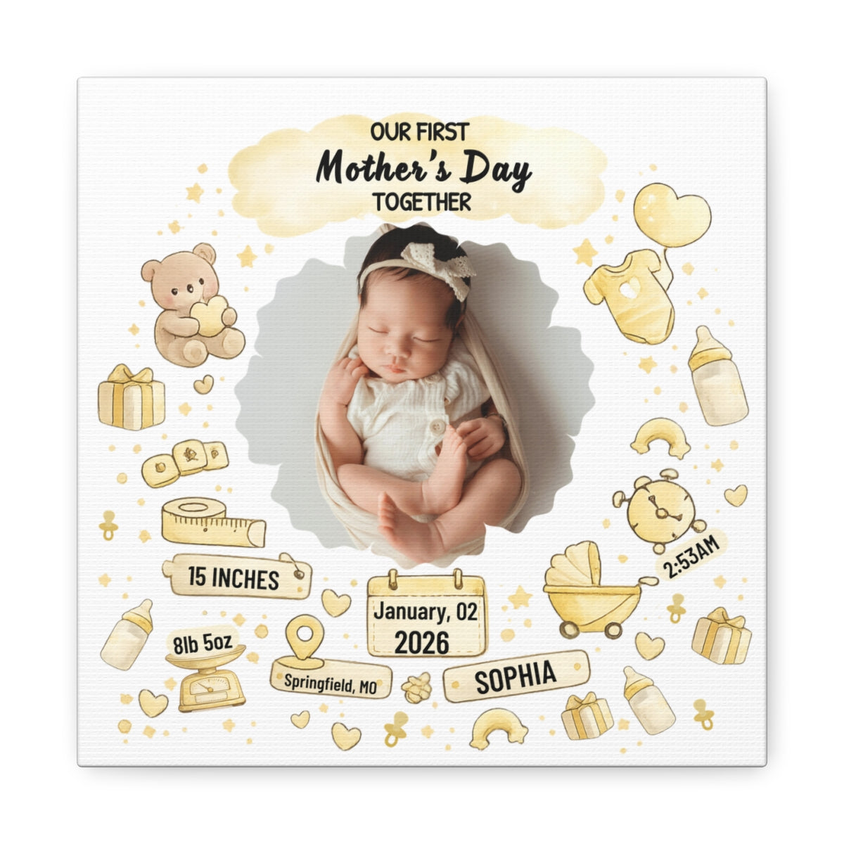 First Mother’s Day Keepsake Canvas – Personalized Baby Birth Stats Gift for New Mom