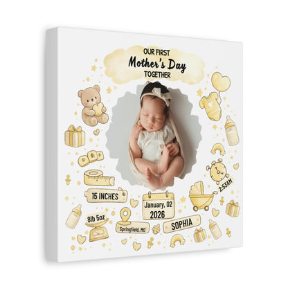 First Mother’s Day Keepsake Canvas – Personalized Baby Birth Stats Gift for New Mom