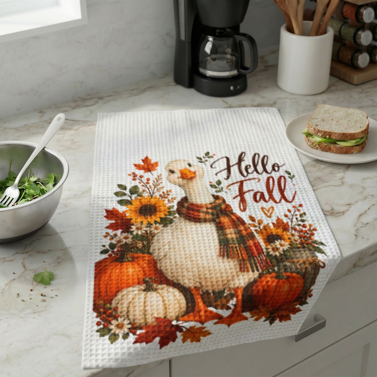 Hello Fall Goose Kitchen Set – Matching Hand Towel & Oven Mitt
