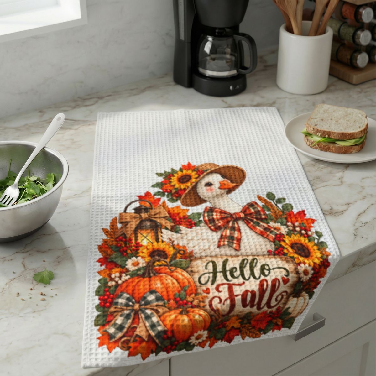 Hello Fall Goose Waffle Weave Kitchen Hand Towel