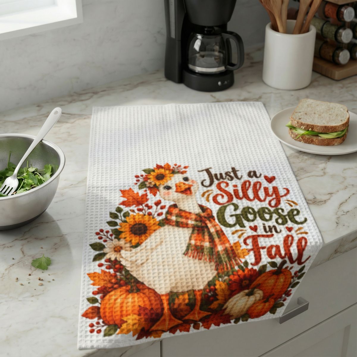 Just a Silly Goose in Fall Waffle Weave Kitchen Hand Towel